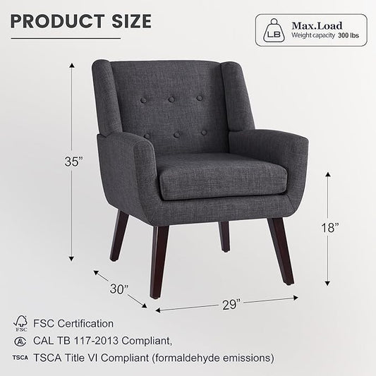 HUIMO Button-Tufted Accent Chairs Set of 2,Upholstered Reading Living Room Chair,Mid Century Modern Chair with Linen Fabric, Club Chair,Comfy Arm Chairs for Living Room,Bedroom,Grey