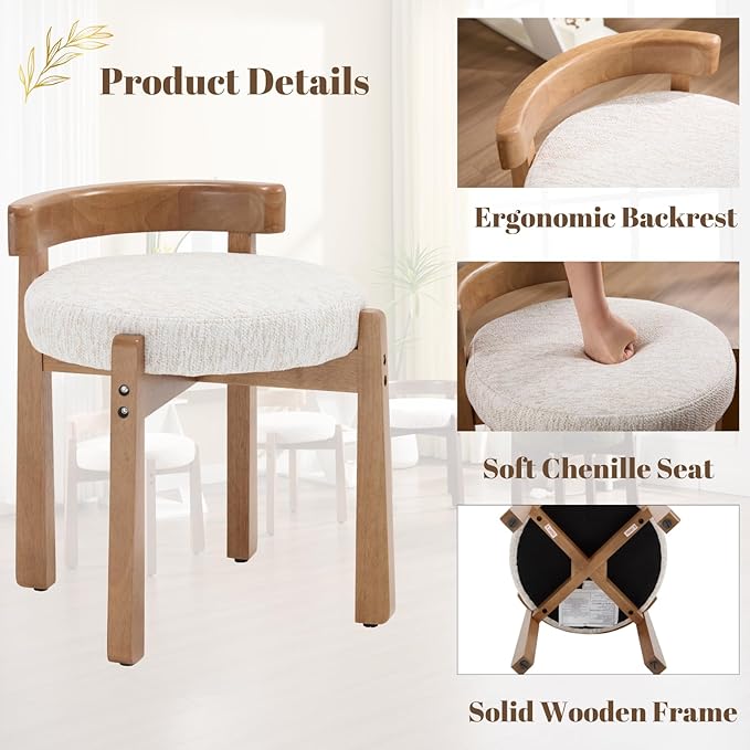 Modern Vanity Chair Upholstered Small Ottoman Footstool, Make Up Stool Chenille Fabric with Backrest Wooden Frame for Living Room Bedrooms, 2PCS, Beige