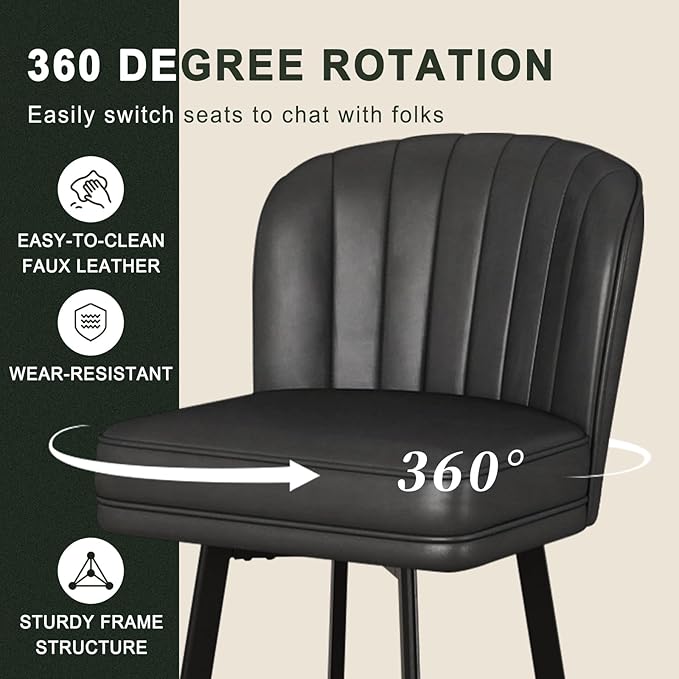 Swivel Counter Height Bar Stools Set of 4, 26'' Modern Barstools with Backs and Metal Legs, Upholstered Bar Chairs, Faux Leather Black Stools for Kitchen Island Chairs