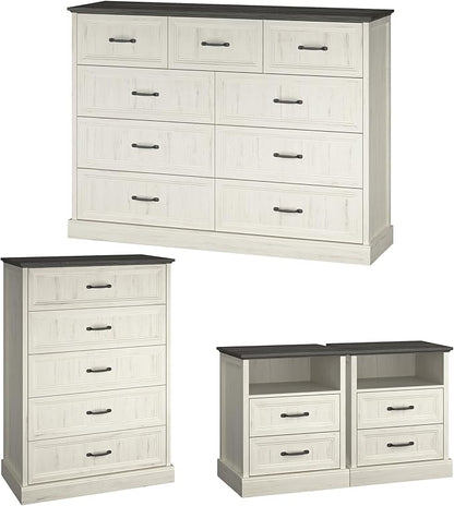 Farmhouse Dresser and Nightstand Sets, 4Pcs Bedroom Furniture Set, Nightstand Set of 2 & 55" Wide 9 Drawer and 44" Tall 5 Drawer Dresser with Large Drawers & Bar Handles, White