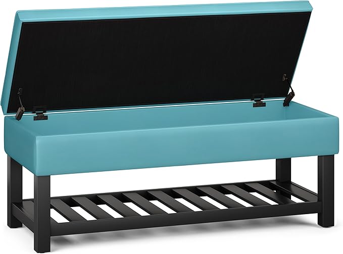 SIMPLIHOME Cosmopolitan 44 inch Wide Transitional Rectangle Storage Ottoman Bench with Open Bottom in Soft Blue Vegan Faux Leather, Assembled for the Living Room and Bedroom