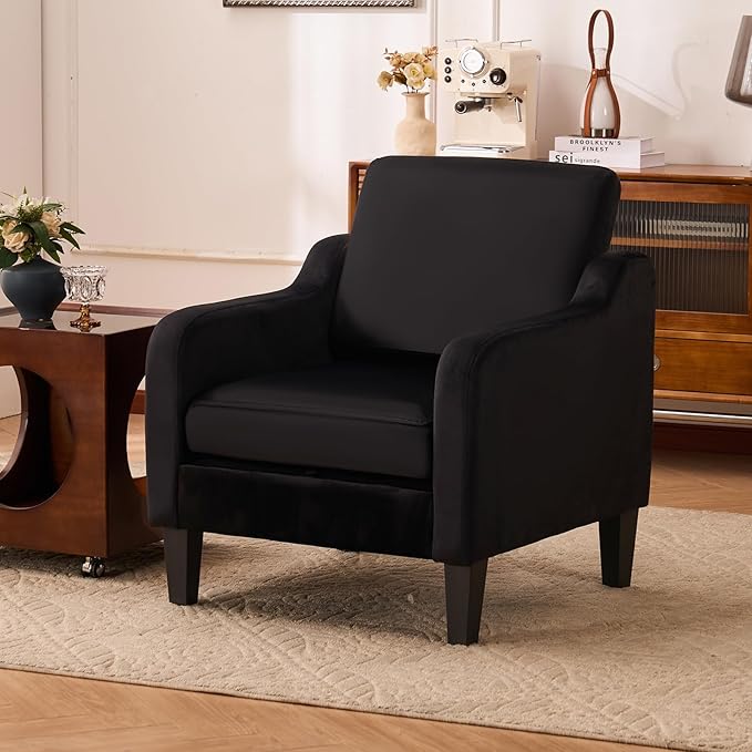 Accent Chair with Soft Armrest, Modern Living Room Chairs, Upholstered Comfy Chair with Cushion, Boucle Pottery Barn Accent Chair Sofa Chair, Single Arm Chair for Waiting Room, Black