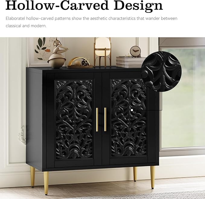 ARTPOWER Vintage Accent Cabinet with 2 Doors, Hollow Carving Buffet Cabinet, Sideboards and Buffets with Storage, Credenza for Living Room, Kitchen, Dining Room, Entryway, Hallway, Black