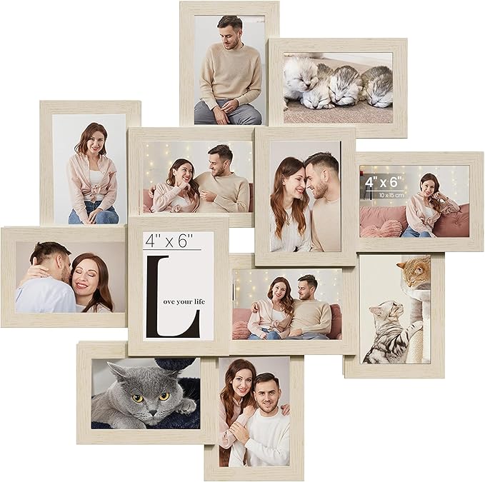SONGMICS 4x6 Collage Picture Frames, 12-Pack Photo Collage Frame for Wall Decor, Glass Front, Assembly Required, Christmas Gift, Natural Beige URPF022N01