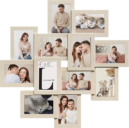 SONGMICS 4x6 Collage Picture Frames, 12-Pack Photo Collage Frame for Wall Decor, Glass Front, Assembly Required, Christmas Gift, Natural Beige URPF022N01