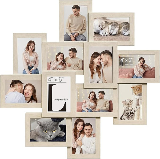 SONGMICS 4x6 Collage Picture Frames, 12-Pack Photo Collage Frame for Wall Decor, Glass Front, Assembly Required, Christmas Gift, Natural Beige URPF022N01