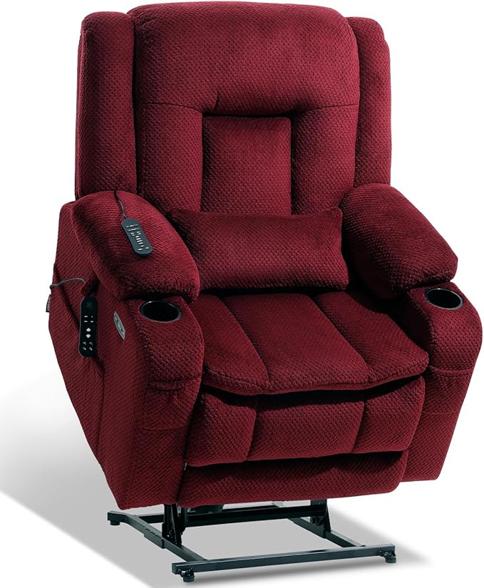 EONIX Lay Flat Power Lift Recliner Chair with Heat and Massage, Dual Motor Electric Lift Chair for Elderly for Postoperative Recovery, 400lbs Heavy Duty, Cup Holders, Lumbar Pillow, Burgundy