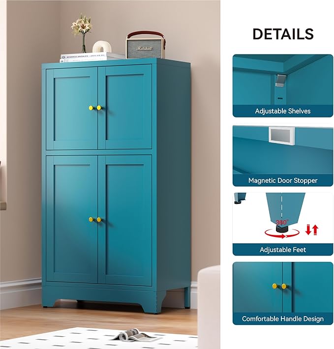 Bathroom Floor Storage Cabinet,Metal Accent Cabinets with 4 Doors and 2 Adjustable Shelves,Blue Storage Cabinets Organizer for Pantry Kitchen,Living Room,Hallway, Restroom