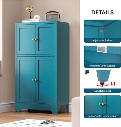 Bathroom Floor Storage Cabinet,Metal Accent Cabinets with 4 Doors and 2 Adjustable Shelves,Blue Storage Cabinets Organizer for Pantry Kitchen,Living Room,Hallway, Restroom