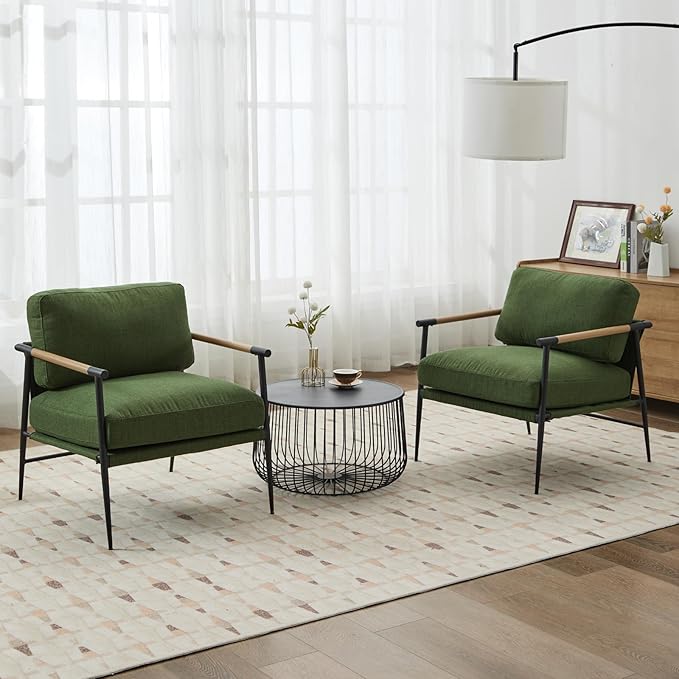 Mid-Century Accent Chair, Soft Armchair Linen Fabric Lounge Chair with Black Metal Legs, Upholstered Leisure Chair for Living Room Reception Room, 1PC, Green