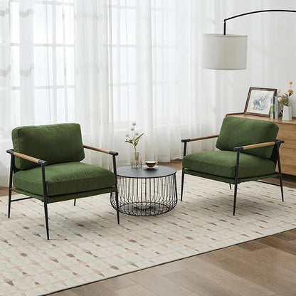Mid-Century Accent Chair, Soft Armchair Linen Fabric Lounge Chair with Black Metal Legs, Upholstered Leisure Chair for Living Room Reception Room, 1PC, Green