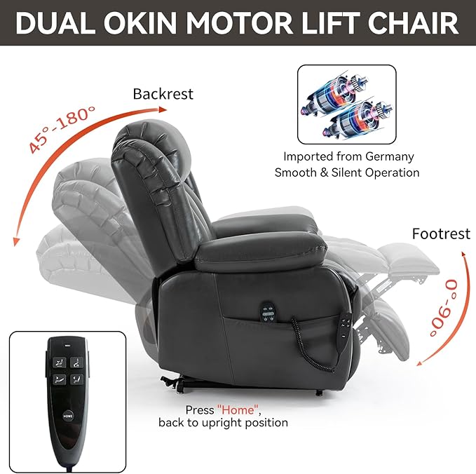 Luxlen Electric Power Lift Recliner Chair with Vibration Massage and Heat, Faux Leather Reclining Chairs for Elderly with Remote Controls, Side Pockets, Big and Tall Recliner, Gray