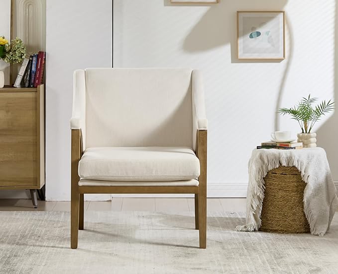EALSON Modern Accent Chairs Set of 2 Comfy Living Room Chairs with Wooden Frame and Armrest Mid Century Upholstered Fabric Reading Lounge Armchairs for Living Room/Bedroom/Balcony, Chenille White