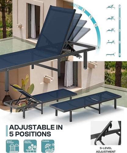 Pool Lounge Chairs, Chaise Lounge Outdoor with Wheels and 5-Position Recliner -Easy to Move- Aluminum Patio Lounge Chair for Poolside, Deck (Navyblue)