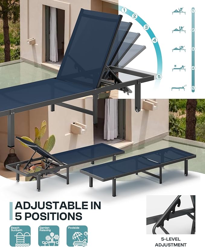 Pool Lounge Chairs Set of 2，Outdoor Lounge Chairs with Wheels and 5-Position Recliner -Easy to Move- Aluminum Patio Lounge Chair for Poolside, Deck (Navyblue)