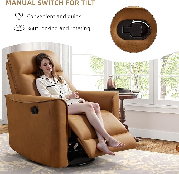 CANMOV Swivel Rocker Recliner Set of 2, Glider Rocking Chair, Nursing Chairs Swivel Glider Recliners with Soft Backrest, Leathaire Manual Reclining Sofa for Living Room Bedroom Apartment, Brown