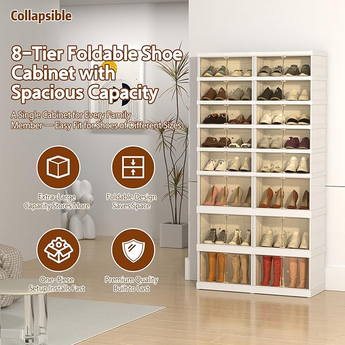 Collapsible Shoe Storage Organizer: Stackable and Large Plastic Foldable Shoe Cabinet Organizer with Magnetic Clear Door - Sneaker Boots Shoes Boxes Shoes Rack for Entryway Closet