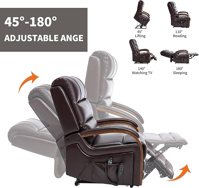 Dual Motor Recliner Lift Chair with Heat and Massage, Heavy Duty Leather Power Lift Recliner Chair Idea Gifts for Seniors, Stand Assistance, Dark Brown