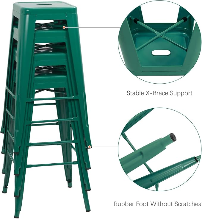 Furniwell 30 Inches Metal Bar Stools High Backless Tolix Indoor-Outdoor Stackable Barstool with Square Counter Seat Set of 4 (Green)