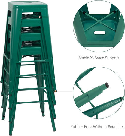 Furniwell 30 Inches Metal Bar Stools High Backless Tolix Indoor-Outdoor Stackable Barstool with Square Counter Seat Set of 4 (Green)