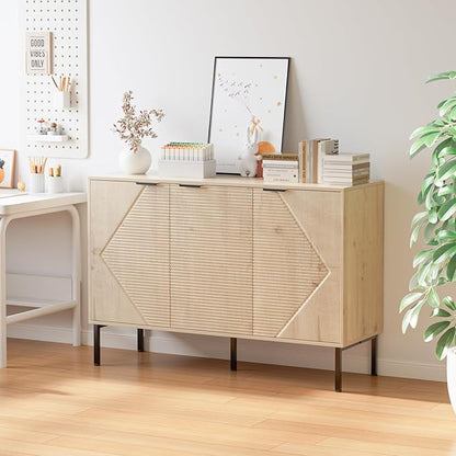 Large Buffet Sideboard Cabinet,45.98" Long Credenza Storage Cabinet,Mid Century Modern Kitchen Pantry Storage Cupboard Cabinets with 3 Doors and Shelves,Fluted Entryway Cabinets for Dining Room