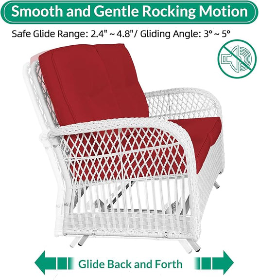 VIVIJASON 2-Piece Patio White Wicker Loveseat Glider Set Cushioned, Outdoor Conversation Furniture Sets with 2-Seater Glider Rocking Bench, Coffee Table and Cushions for Porch Garden Poolside, Red