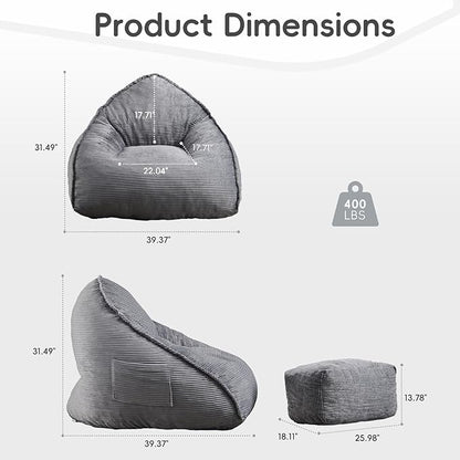 Cloud Bean Bag Chair with Ottoman for Adults, Comfy Corduroy Chaise Lounge Chair with High-Resilience Foam, Oversized Boneless Reading Chair for Bedroom & Living Room (Grey)