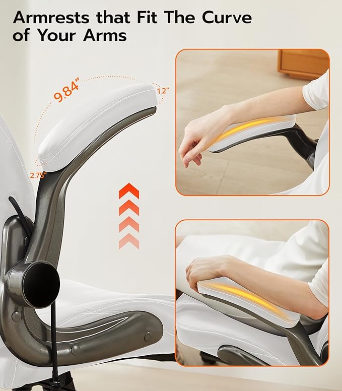 Office Desk Chair, Ergonomic Computer Chair with Padded Flip-Up Arms and Adjustable Lumbar Support, PU Leather Executive Chair with Tilt Lock and 360° Swivel Rolling Wheels for Work, Study