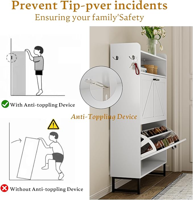 Shoe Storage Cabinet with 2 Flip Drawers, Narrow Wood Shoe Cabinet Storage for Entryway with Metal Legs & Hooks, Adjustable Shelves, Freestanding Shoe Rack Organizer for Foyer, Hallway, White