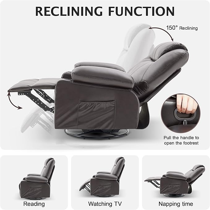 Oversized Swivel Rocker Recliner Sofa Chair with Heat and Massage, 360 Degree Swivel Single Sofa with Cup Holders and USB Port, Big Recliner Chair for Living Room(Leather, Chocolate Brown)