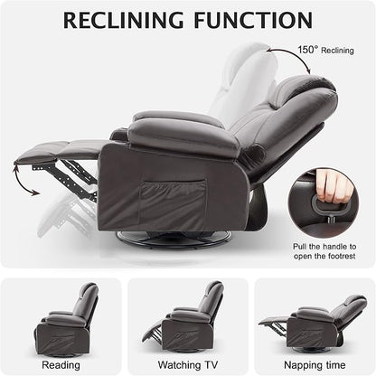 Oversized Swivel Rocker Recliner Sofa Chair with Heat and Massage, 360 Degree Swivel Single Sofa with Cup Holders and USB Port, Big Recliner Chair for Living Room(Leather, Chocolate Brown)