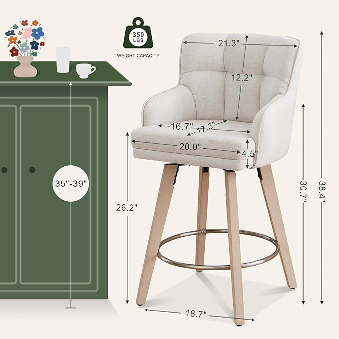 360°Swivel Counter Height Bar Stools with Back, 26 inch Solid Wood Legs, Bar Stool Modern Kitchen Island Chairs, Fabric (Beige- Fabric, 26" H- Set of 1)