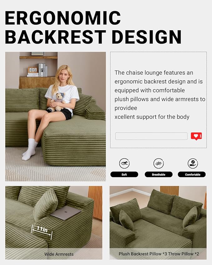 108 Inch Cloud Sectional Couch,Modern Modular Sectional Sofa with Deep Seat,Corduroy Boneless Couches with L-Shape Chaise for Living Room,No Assembly Required (Green, Right Facing Chaise)