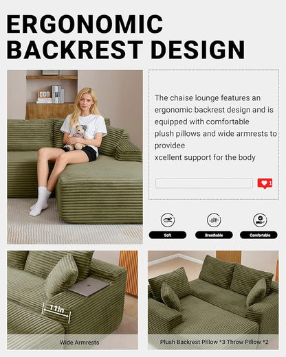 108 Inch Cloud Sectional Couch,Modern Modular Sectional Sofa with Deep Seat,Corduroy Boneless Couches with L-Shape Chaise for Living Room,No Assembly Required (Green, Right Facing Chaise)