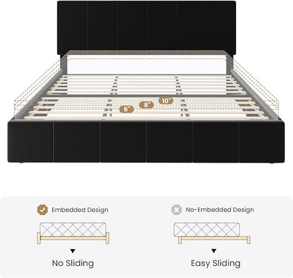 SHA CERLIN King Size Bed Frame, Velvet Upholstered Platform Bed, Vertical Channel Tufted Adjustable Headboard, Low Profile Bed Frame, No Box Spring Needed, Easy Assembly, Black