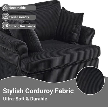 Karl home 39" Swivel Accent Chair,Oversized Seat Armchair W/2 Pillows and 4 Pockets,Modern Upholstered Corduroy Barrel Chairs,Comfy Single Sofa for Living Room,Reading,Bedroom and Office -Black