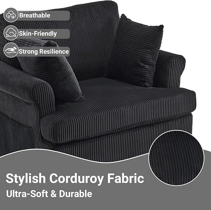 Karl home Swivel Accent Chair Set of 2, 39" Oversized Armchair W/2 Pillows and 4 Pockets,Modern Corduroy Barrel Chairs,Comfy Single Sofa for Living Room,Reading,Bedroom and Office-Black