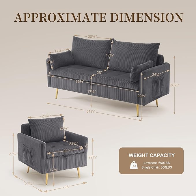 Furnimart 3-Piece Storage Sofa and Couch Set, Corduroy Loveseat with 2pc Accent Single Chairs, Small Living Room Furniture Set for Apartment, Tiny Homes and Lofts, 3PC-Gray