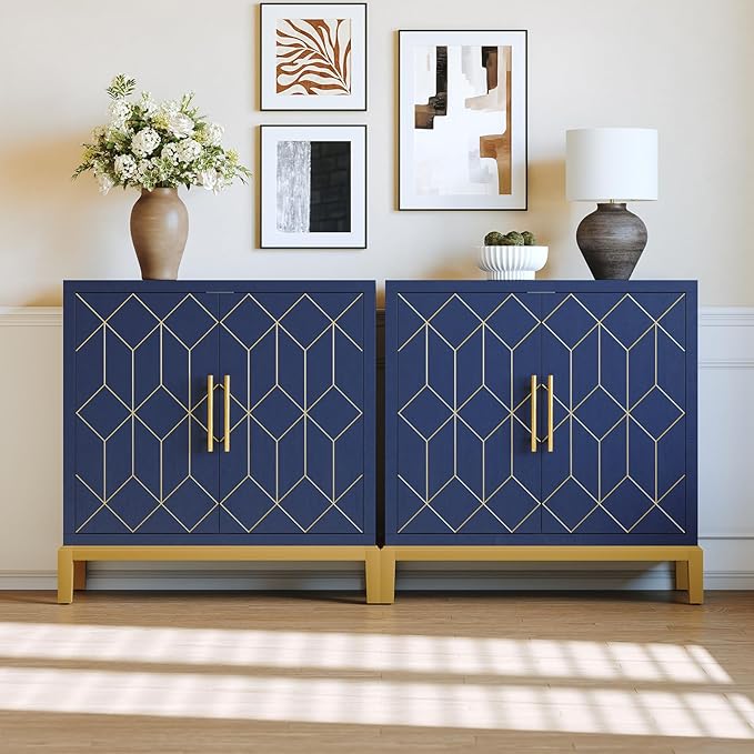 HLR Accent Cabinet with Gold Trim Set of 2,Storage Cabinet with 2 Doors,Modern Wooden Sideboard for Living Room, Kitchen, Office and Hallway(Blue)
