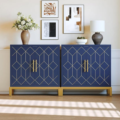 HLR Accent Cabinet with Gold Trim Set of 2,Storage Cabinet with 2 Doors,Modern Wooden Sideboard for Living Room, Kitchen, Office and Hallway(Blue)