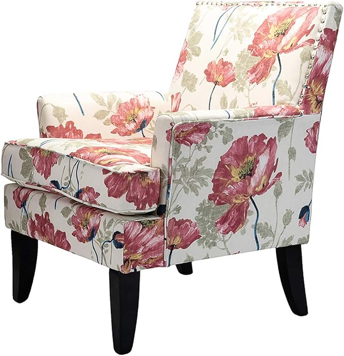 HULALA HOME Modern Accent Chair with Arms and Wooden Legs, Mid Century Accent Chair Armchair High Back Rest, Padded Armrest and Comfortable Cushioned Seat for Living Room (Red Yellow Floral)