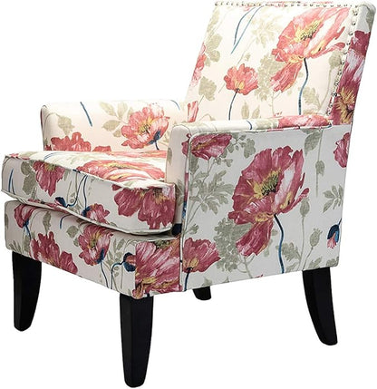 HULALA HOME Modern Accent Chair with Arms and Wooden Legs, Mid Century Accent Chair Armchair High Back Rest, Padded Armrest and Comfortable Cushioned Seat for Living Room (Red Yellow Floral)