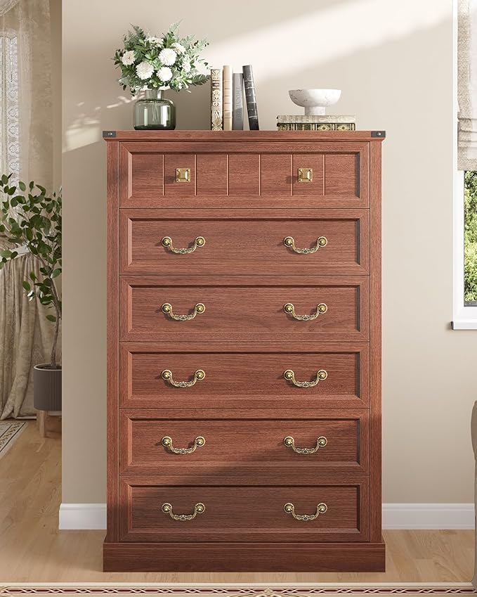 AOGLLATI Farmhouse Dresser with 6 Drawers, 51.2”Tall Wooden Rustic Chest of Drawers with Natural Texture, Vintage Design, Bedroom Dressers with Drawers for Bedroom, Oak Brown