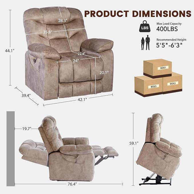 EONIX Large Lay Flat Power Lift Recliner Chair for Elderly with Heat and Massage, 400lbs Dual Motor Electirc Lift Chair with Extended Footrest, SLRY007062, Beige
