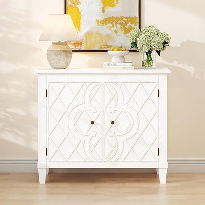 40" Coffee Bar Cabinet with Shelf, Craft Storage Cabinet with Doors, Wood Cabinet, Charming Carved Motif, Entry Way Cabinet with Storage, Sideboard Buffet for Living Room, Kitchen, Distressed White