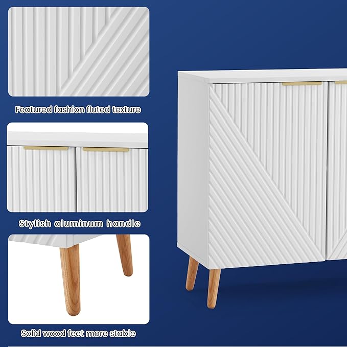 Fluted Storage Cabinet with Doors Set of 2, Wooden Sideboard Buffet Cabinet with Adjustable Shelves, Modern Accent Table for Living Room, Entryway, White