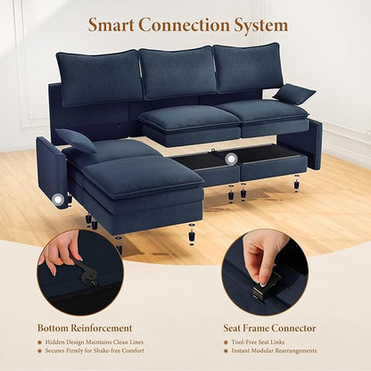 Vesgantti 142" Oversized Sectional Sofa Bed, 8-Seater Modular Sleeper Cloud Couch with Movable Ottoman, Chenille Convertible Sofa Set Deep Seat Couches for Living Room, Bedroom and Apartment, Blue