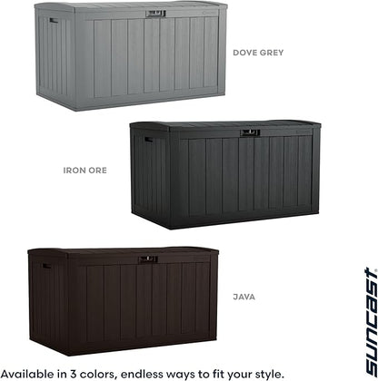 Suncast 134-Gal. Waterproof Resin Extra-Large Outdoor Patio Deck Box with Pad-Lockable Lid, Modern Outdoor Patio Bench/Storage Box for Cushions, Garden Tools, and More, Java