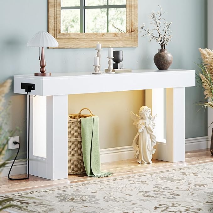 Unikito 63'' Farmhouse Console Table with Power Outlets and Sensor Light, Wooden Entryway Table with Storage, Rectangular Sofa Tables Behind The Couch for Entrance, Hallway, Living Room, White