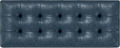 SIMPLIHOME Cosmopolitan 44 inch Wide Transitional Rectangle Storage Ottoman Bench with Open Bottom in Denim Blue Vegan Faux Leather, Assembled for the Living Room and Bedroom